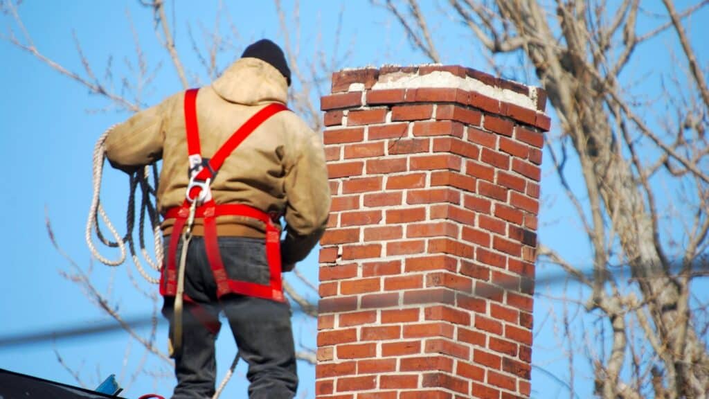 A worker wearing a safety harness stands on a roof, likely performing dryer vent cleaning, next to a tall brick chimney. Bare branches are visible in the background against a clear blue sky.