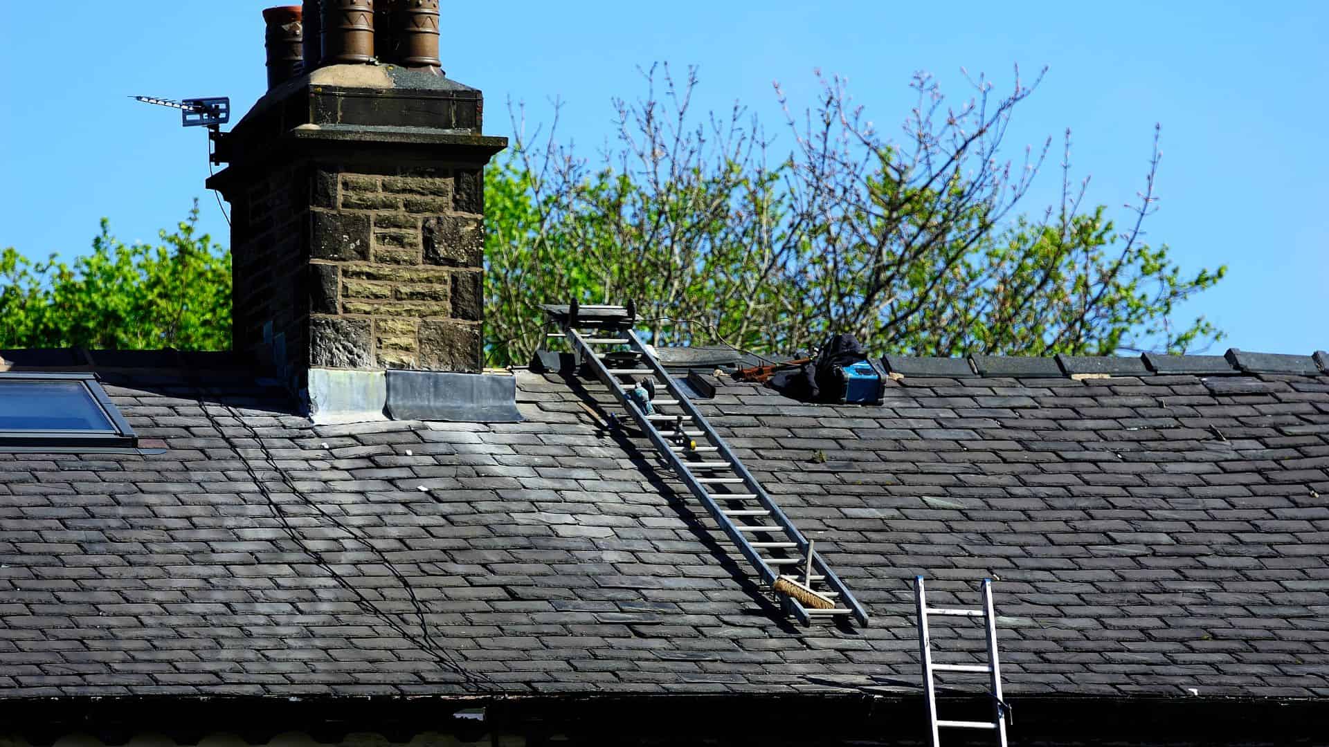 A rooftop scene features a ladder leading to a chimney, suggestive of recent chimney cleaning. Roof tiles reveal a small repair area, while another ladder leans against the edge. In the background, trees contrast beautifully against a clear blue sky.