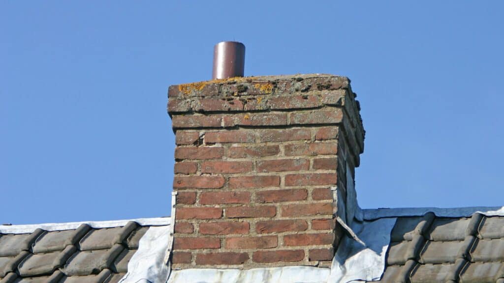 A red brick chimney with a metal cap sits on a rooftop with gray tiles, seamlessly blending into the serene backdrop of a clear blue sky. Ensuring efficient air duct cleaning enhances the comfort and cleanliness of this cozy home.