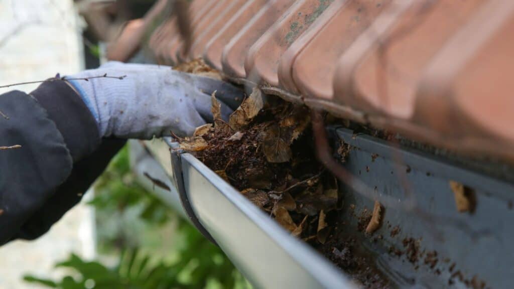 A person wearing gloves is cleaning leaves and debris from a rain gutter attached to a roof, ensuring the path remains clear for runoff, while also checking nearby air duct openings for any blockages.