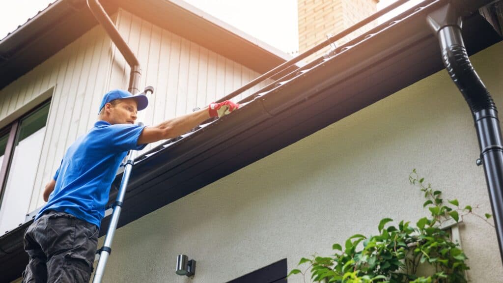 A person in a blue shirt and cap stands on a ladder cleaning gutters on a light-colored, wood-paneled house. Sunlight streams from the top right corner, illuminating lush green plants at the base. Perhaps it's also the perfect day for some essential dryer vent cleaning as well.