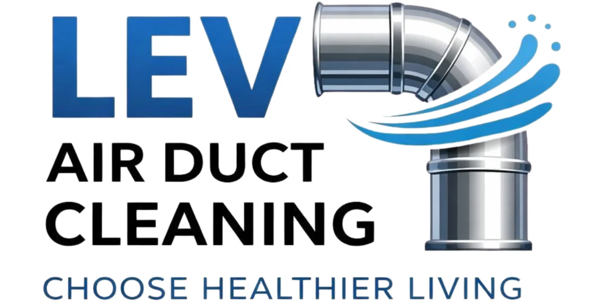 Logo for LEV Air Duct Cleaning featuring a shiny metal air duct and blue swirls, with the slogan "Choose Healthier Living" below the company name.