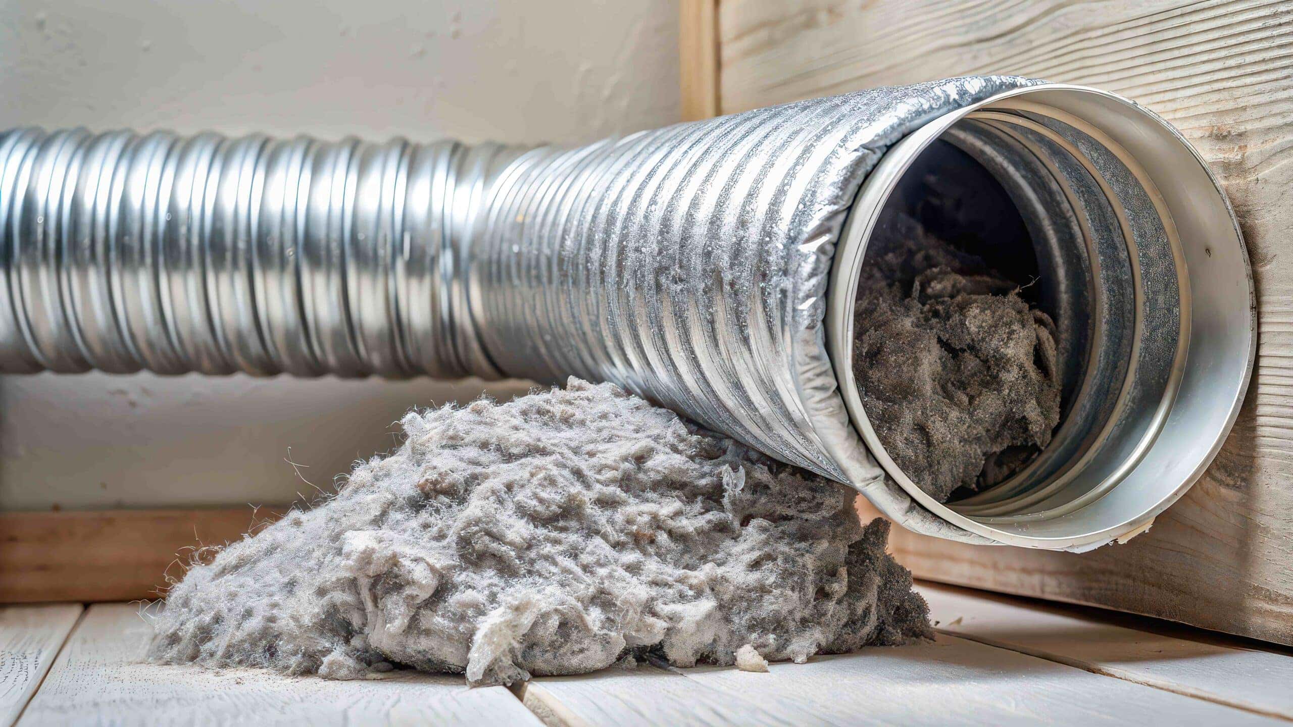 A flexible, silver dryer vent hose is detached, with a pile of lint accumulated outside it. The scene, reminiscent of chimney cleaning day, is set on a wooden floor next to a wall corner—suggesting maintenance or cleaning of the vent.