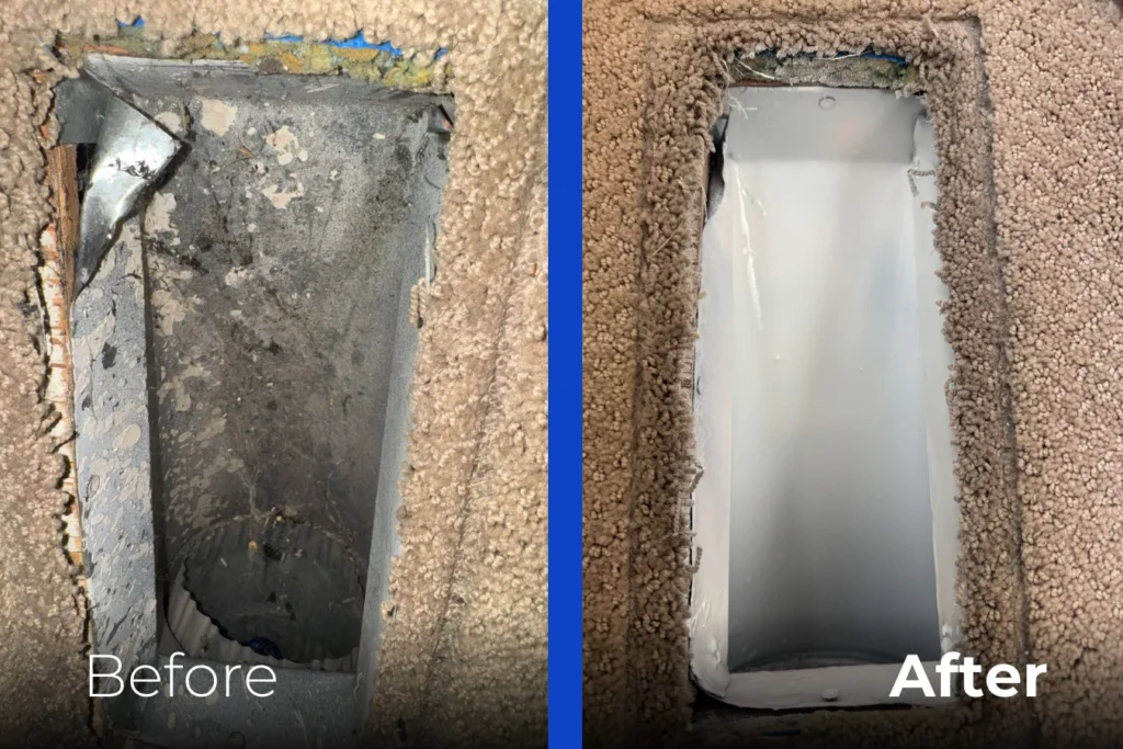 Side-by-side comparison of a vent before and after cleaning; the left shows a dirty, rusty vent with debris, while the right shows the same vent clean, shiny, and free of dirt. "Before" and "After" text is shown at the bottom.