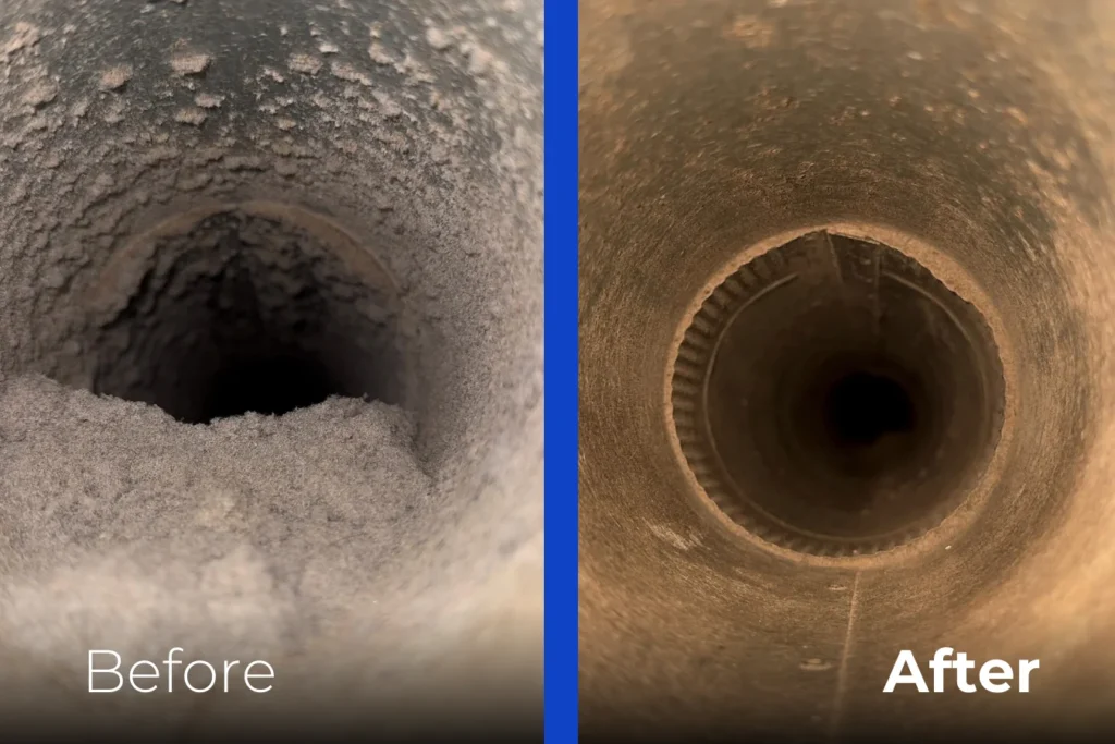 Side-by-side view of an air duct interior: the left side labeled "Before" is filled with thick dust, while the right side labeled "After" shows the duct clean and clear of debris.