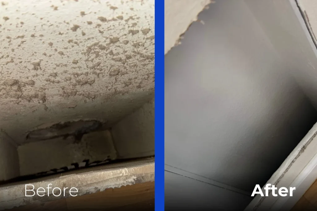 Side-by-side comparison of a ceiling: the left side shows a stained, moldy, and damaged ceiling labeled "Before," while the right side shows a clean, smooth, repaired ceiling labeled "After.