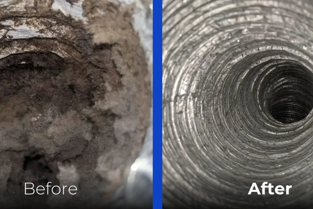 Side-by-side images show a vent covered in thick dust and debris labeled "Before" on the left, and a clean, shiny vent labeled "After" on the right.