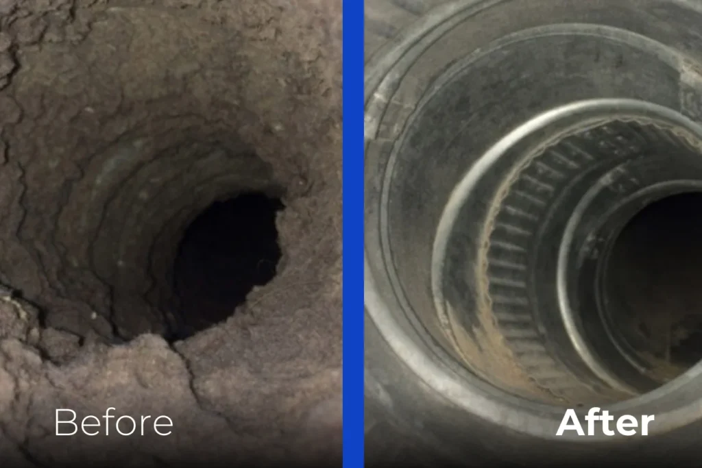 Side-by-side comparison of a dirty air duct before cleaning, filled with dust and debris, and the same air duct after cleaning, looking clean and free of buildup. "Before" and "After" labels are at the bottom.