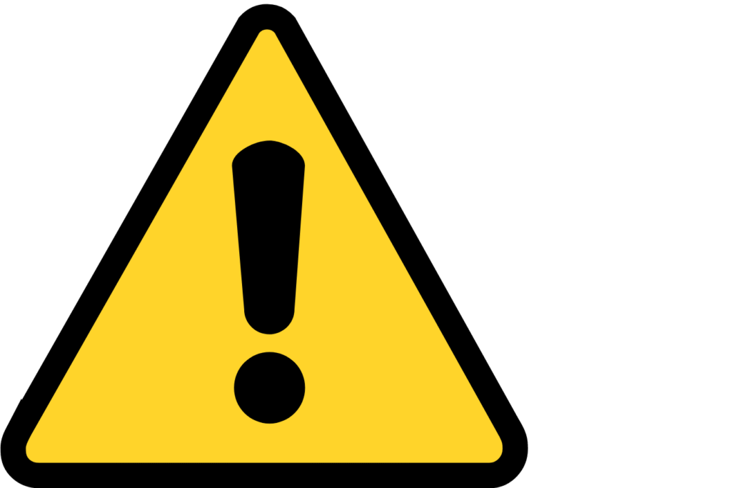 A large yellow triangle with a thick black border containing a bold black exclamation mark in the center, symbolizing a warning or caution sign.
