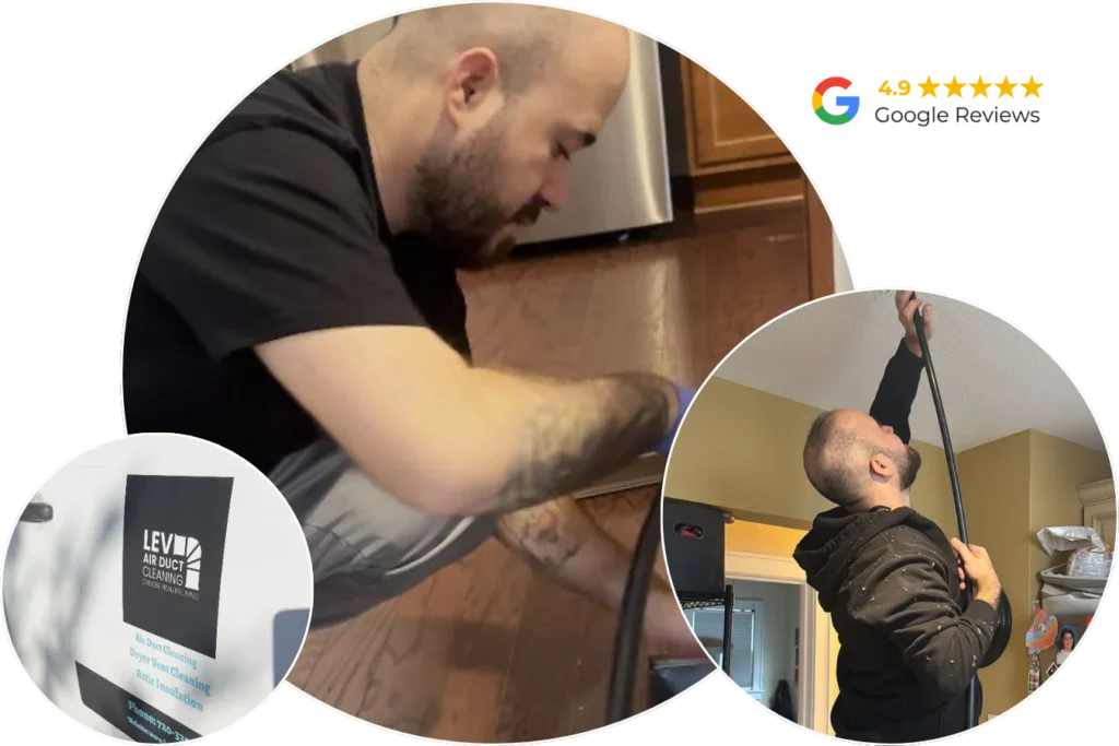 A bearded man cleans air ducts in a home, kneeling on a wooden floor with equipment. Insets show him using cleaning tools and a close-up of a Levi Air Duct Cleaning sign. A Google Reviews 5-star rating is shown.