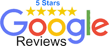 Image showing five yellow stars above the word "Google" in Google's colors, with the word "Reviews" below. Text above the stars reads "5 Stars," indicating a five-star Google review rating.