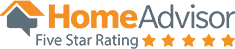HomeAdvisor logo with an orange house icon, the words "HomeAdvisor" in orange and gray, and the text "Five Star Rating" above five orange stars.