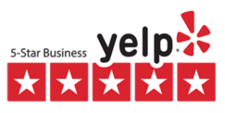 Yelp 5-star business badge with five red stars and the Yelp logo, indicating a highly rated business.