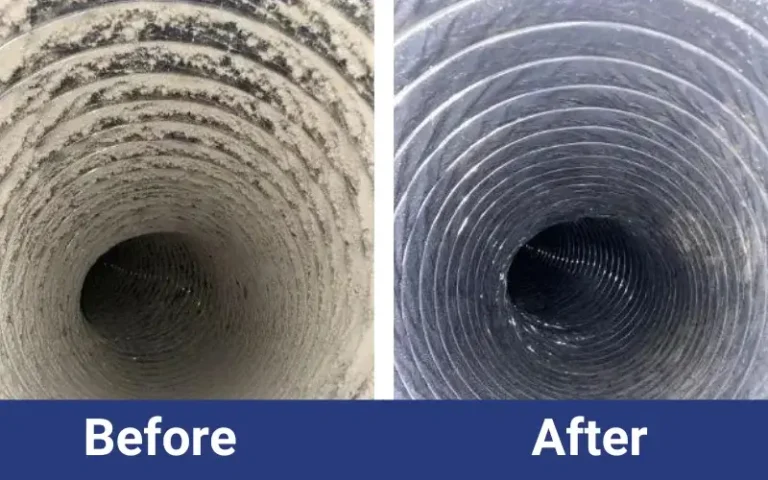 Side-by-side images of an air duct: the left shows a duct covered in dust and debris ("Before"), and the right shows the same duct clean and free of debris ("After").