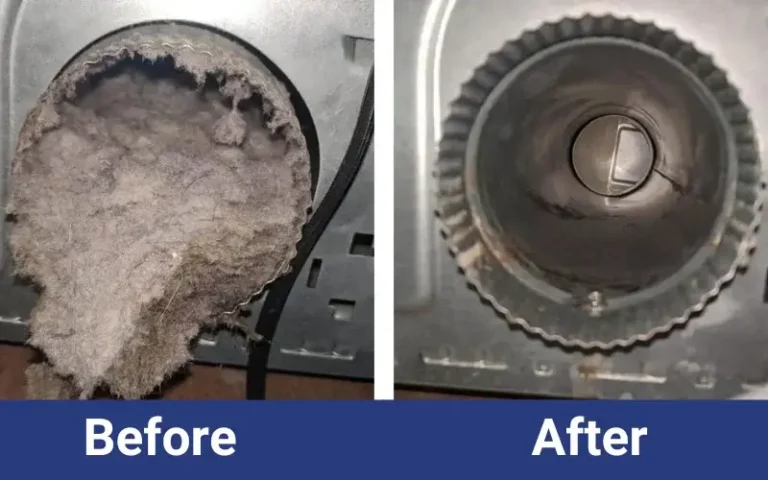 Side-by-side photos of a dryer vent: the left shows the vent clogged with thick lint (“Before”), and the right shows the vent after cleaning, clear and free of lint (“After”).