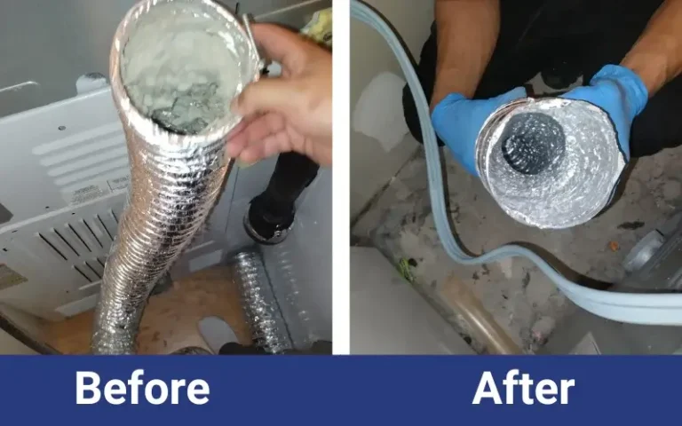 A split image labeled "Before" and "After" shows a dirty dryer vent filled with lint on the left, and the same vent cleaned and free of lint on the right.