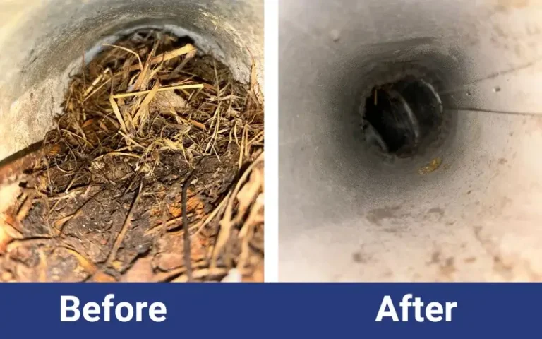 Side-by-side images show a vent pipe filled with dirt and debris labeled "Before" on the left, and the same pipe clean and clear labeled "After" on the right.