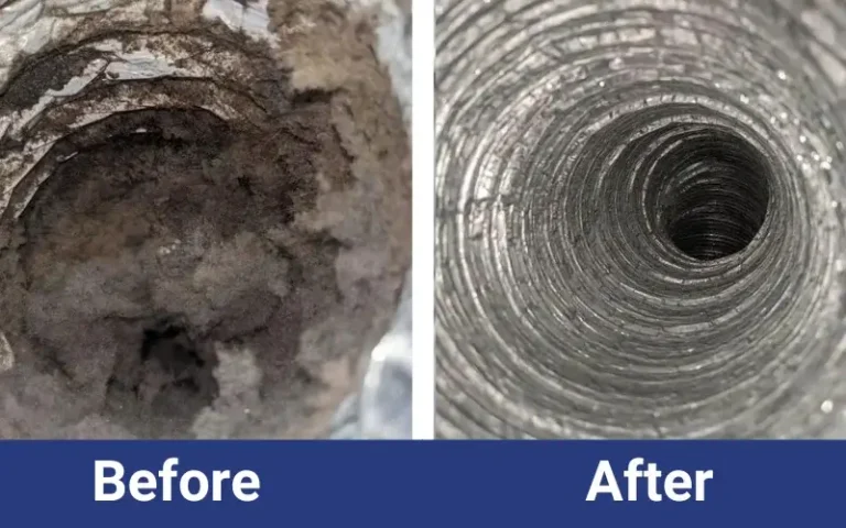 Side-by-side images of a vent: the left shows it clogged with dust and dirt labeled "Before," the right shows the vent clean and clear labeled "After.