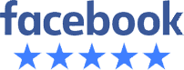The Facebook logo in blue letters appears above five blue stars, indicating a five-star rating.