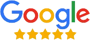 Google logo above five yellow stars, indicating a five-star rating or positive review.