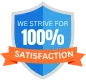 A blue shield with the text "We strive for 100% satisfaction" in white and blue letters, and an orange ribbon at the bottom displaying the word "Satisfaction.