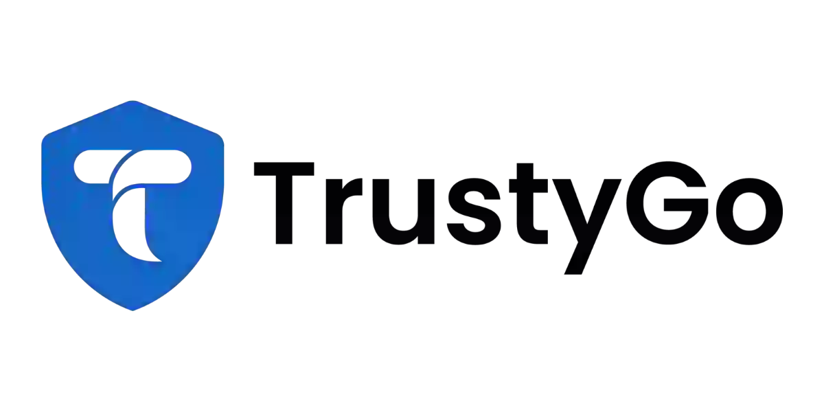 Blue shield logo with a white "T" beside black TrustyGo text appears on a light background.