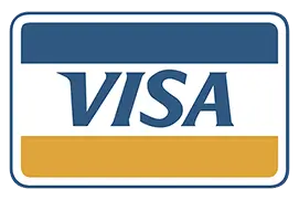 Visa logo featuring bold blue "VISA" lettering with blue and gold bars above and below the text.