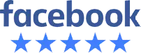 The Facebook logo appears above a row of five blue stars, visually representing a five-star rating.