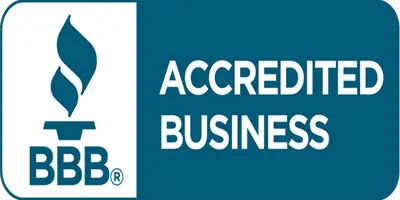 The BBB Accredited Business logo features a blue background, white text, and a torch symbol on the left.