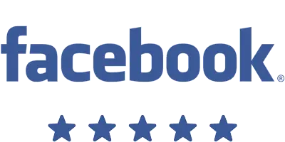 The Facebook logo is displayed above five blue stars, visually representing a five-star Facebook rating.
