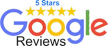 Google Reviews logo with five yellow stars above it and "5 Stars" written at the top of the image.