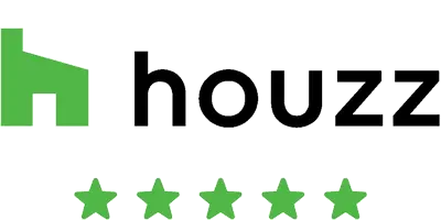 Houzz logo featuring a green house icon, black Houzz text, and five green stars for a 5-star rating.