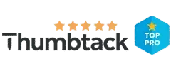 Thumbtack logo with five orange stars and a blue "Top Pro" badge featuring a yellow star.