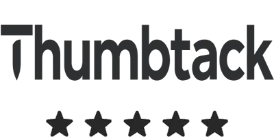 The Thumbtack logo sits above five black stars, symbolizing a five-star rating on a light background.
