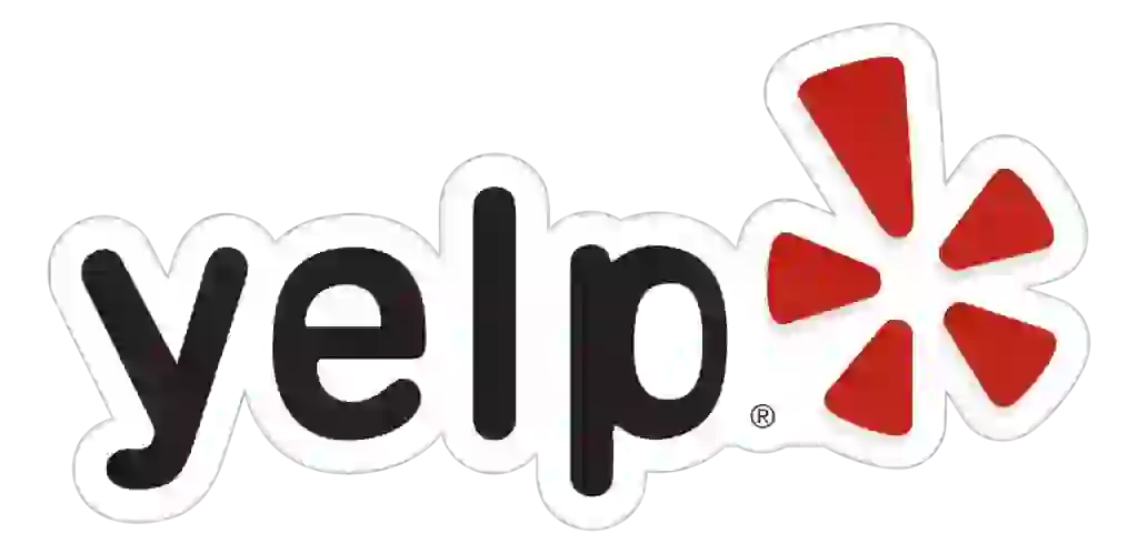 The Yelp logo features "yelp" in bold black letters with a red starburst symbol on white background.
