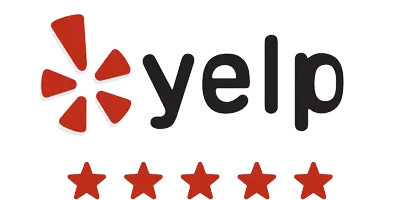 Yelp logo with five red stars beneath it, showing a perfect Yelp five-star rating.