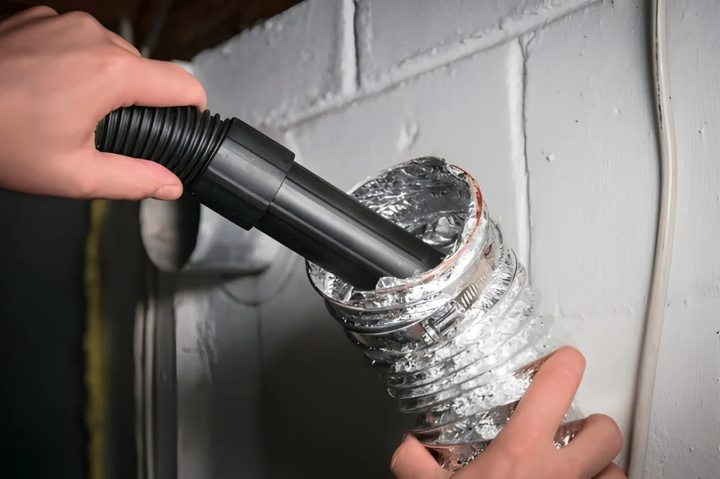 Technician performing Dryer Vent Cleaning to inspect and clear lint from a residential dryer vent system.